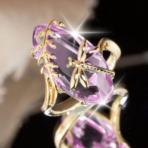 🎀 Crystal CZ Anillos Dragonfly Water Olive Pink Ring For Woman, HA4286-6 - Picture 1 of 1
